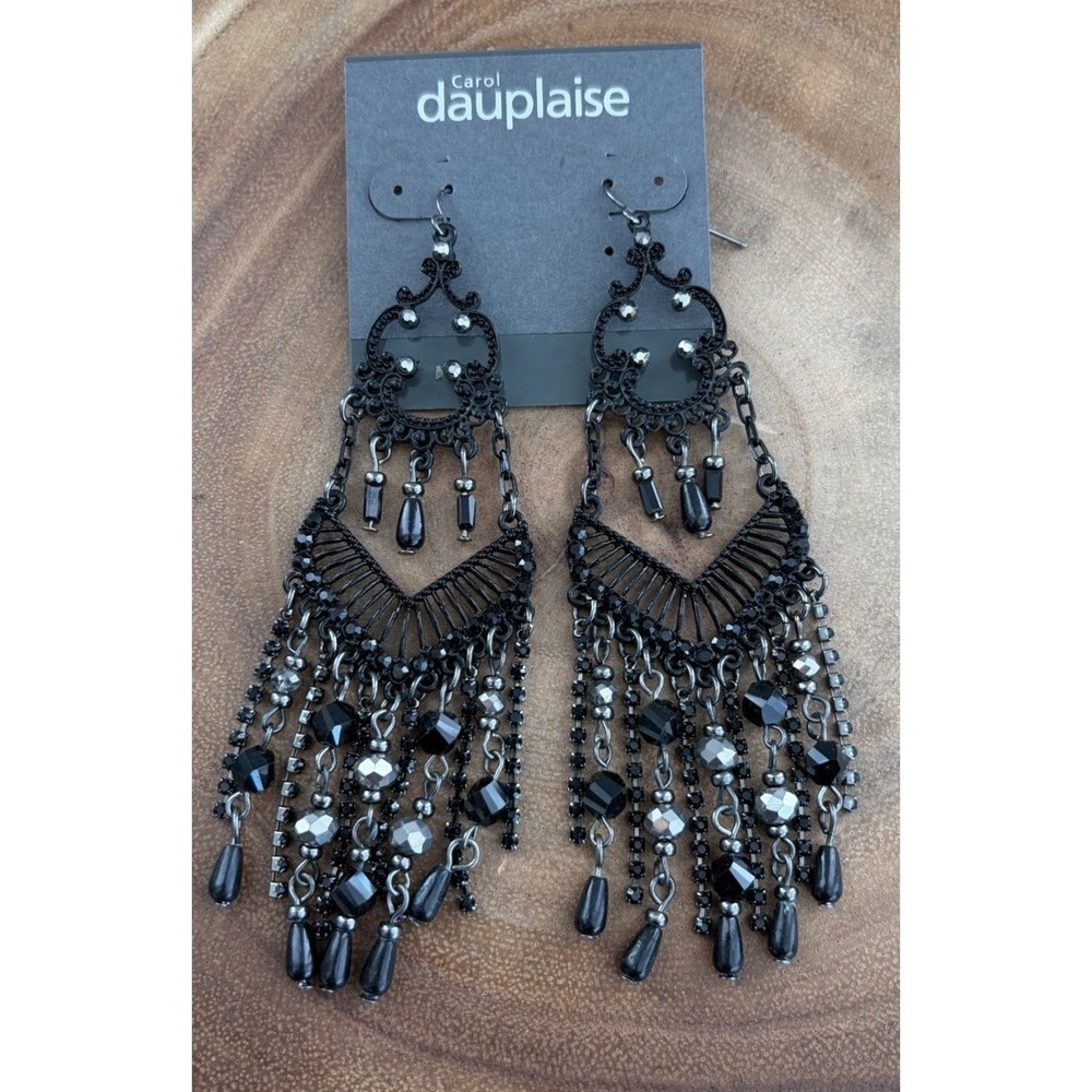 NEW Gunmetal & Black Long Dangle Statement Earrings Chandelier Faceted Pierced